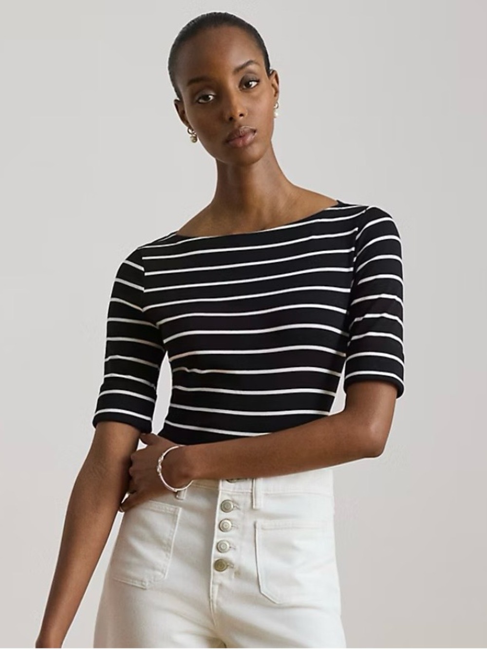 Ralph Lauren Black & White Striped French Girl Boatneck Tee Sz L Preppy Coastal